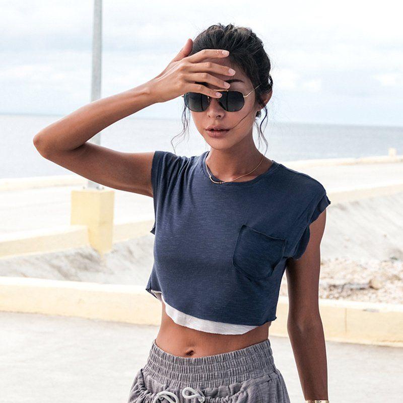 

Spring and Summer Exercise Yoga Clothes T-shirt Women s Top Breathable Running Short Patchwork Contrast Color Fitness Short Sleeve Fake Two-Piece Navy blue M