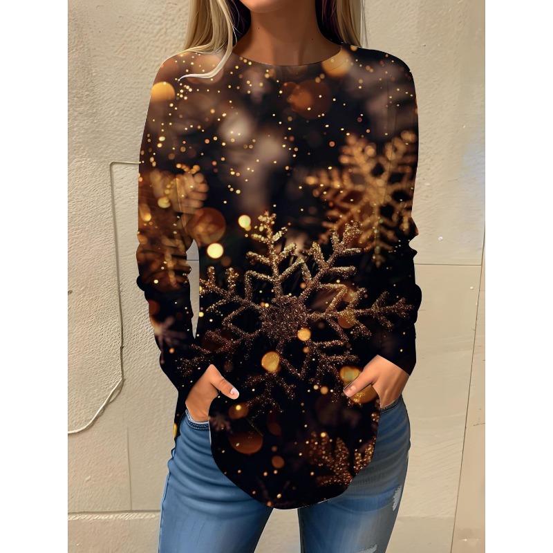 Camiseta de manga larga con cuello redondo y estampado 3D de copos de nieve con temática navideña, ropa de moda para mujer, ropa informal Y2K, ropa Harajuku para mujer