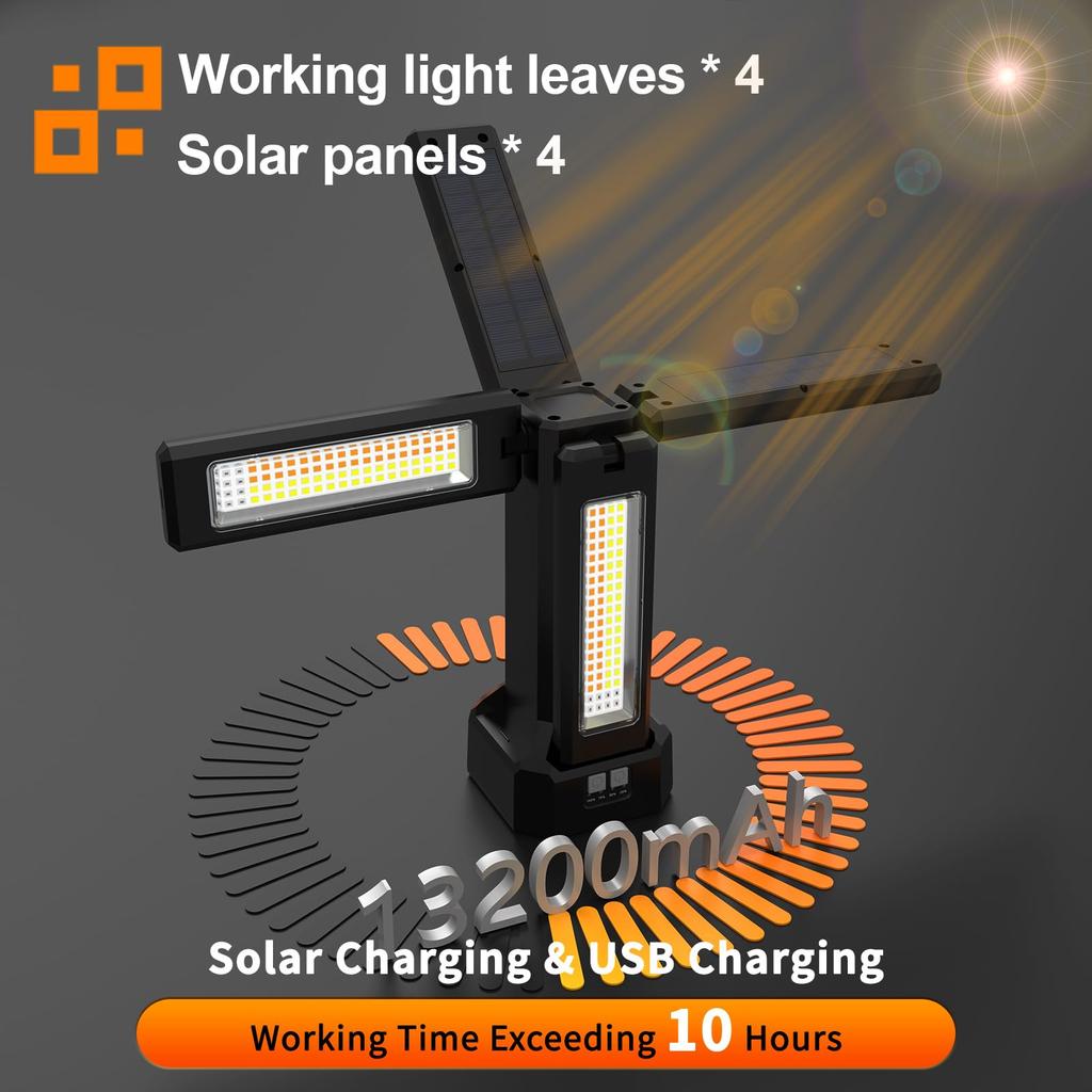 8000lm Ultra-Bright LED Work Light, USB Rechargeable, Solar Charging, 4 Lighting Modes, 3 Color Switching Modes (Daylight, Warm White, Warm White),