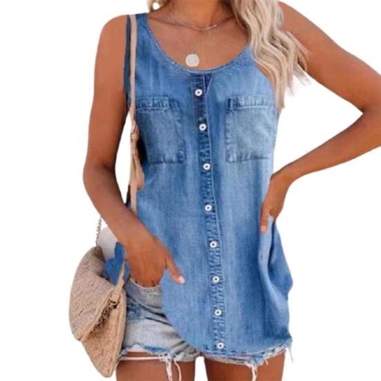 צוואר עגול נשים אפוד צבע אחיד ג'ינס ללא שרוולים כיסים דקים חולצת ג'ינס Streetwear