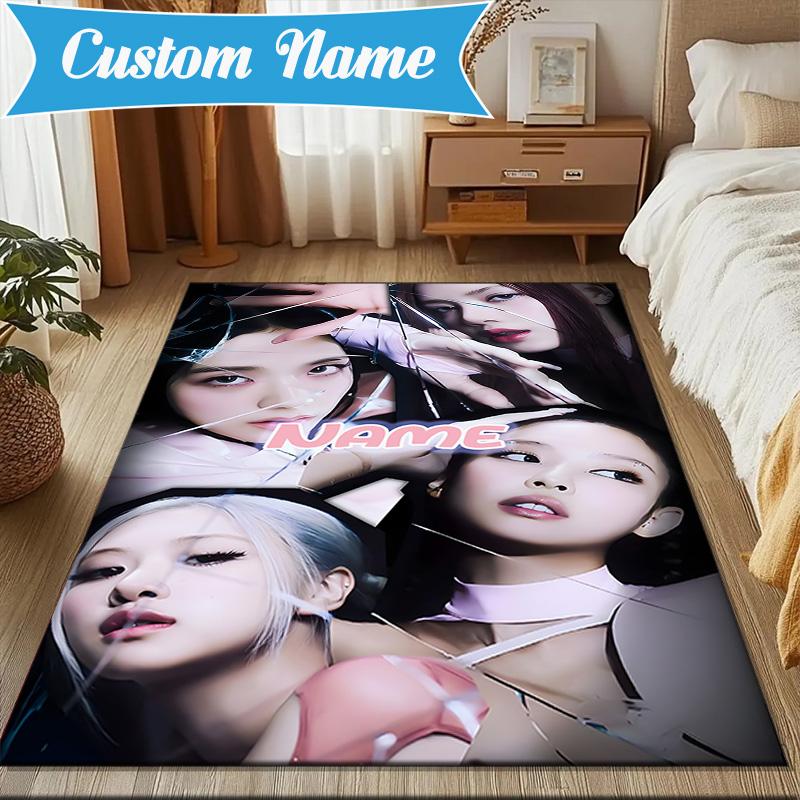 Custom Name Floral Fashion Kpop BP Rug for Living Room, Game Rooms, Office, Bedroom, Floor Mat Playful Design, fan gifts Christmas decor