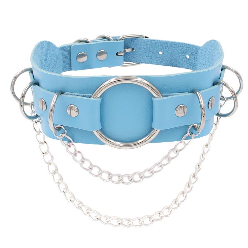 Punk dobbeltlags lær O-ring kjede choker halskjede - Europeisk og amerikansk street style metalldesign med sirkel.