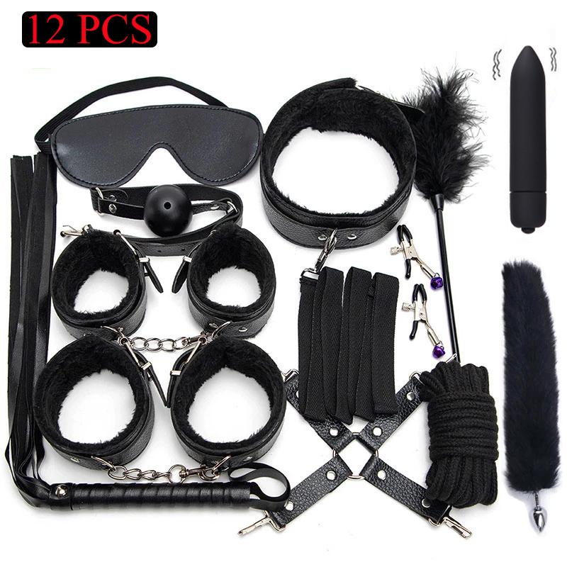 Sexy Leather BDSM Kits Plush Sex Bondage Set Handcuffs Sex Games Whip Gag Nipple Clamps Sex Toys For Couples Exotic