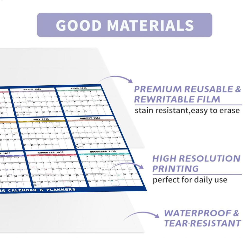 2026 Erasable Large Wall Calendar 24 x 36 in 12-Month Annual Calendar, Double-Sided Erasable Calendar, Work Schedule Planner