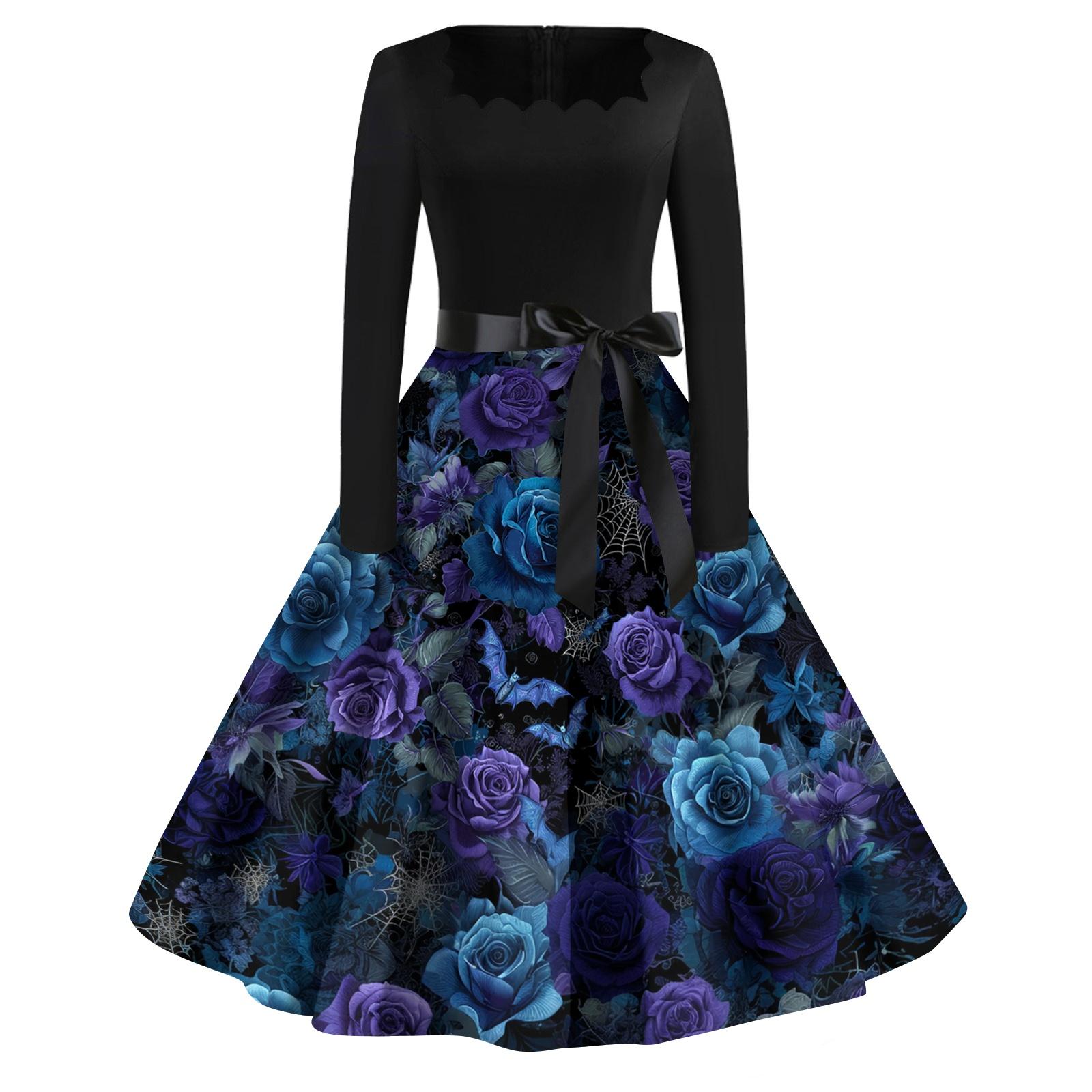 

Women s Casual Vintage Halloween Print Square Neck Long Sleeve Dress Retro Fit Flared Skirt Midi Length with Waist Tie Belt XXL синий