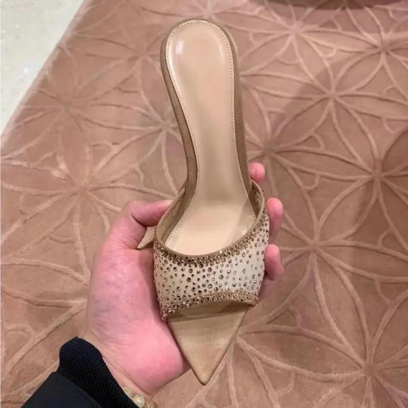 Franske Kvinners Sommer Utendørs Bruk Slides 2025 Nye Høyhælte Stiletter Spisse Tær Åpen Tå Tøfler