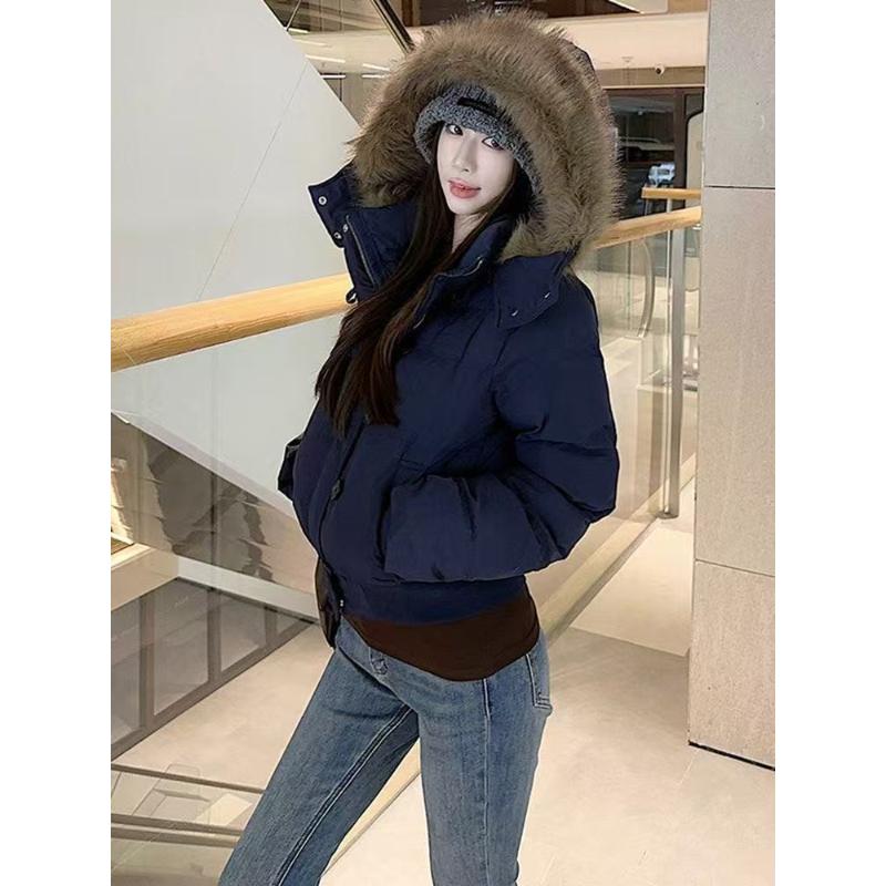 Casaco de Algodão com Capuz Feminino Retro Americano Gola de Pelo Cor Sólida Quente Casacos Casuais Slim Soltos de Algodão para Inverno