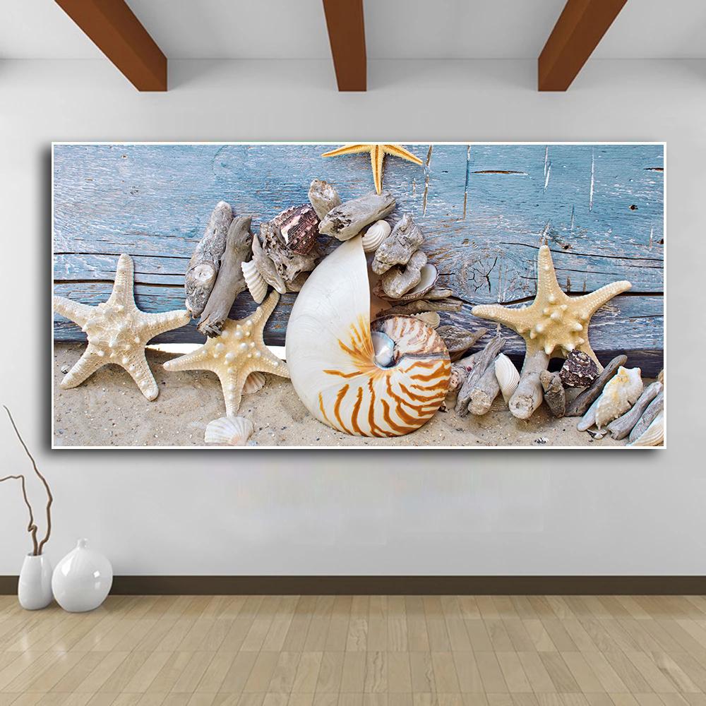 Starfish Seashells Beach Canvas Painting Shell Sea Wall Art Seascape Wall Pictures Poster for Living Room Bedroom Office Decor