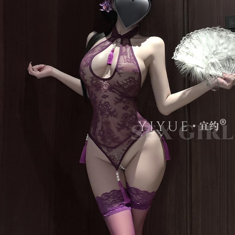 Erotic Underwear, Sexy Lace Cheongsam-style Belly Band, Women's Bead Chain, See-through Uniform, Seductive Pure Desire Pajamas 1482