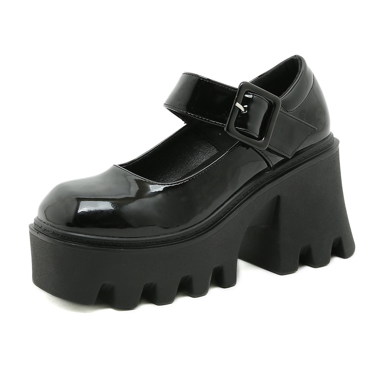 

Модные туфли-лодочки на высоком каблуке женские туфли 2025 новые квадратный носок небольшая платформа маленькие кожаные туфли подошва маффин толстый каблук 35 чёрный