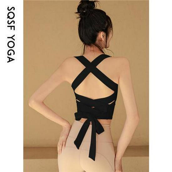 

Women s Shockproof Yoga Crop Top with Built-in Bra for Fitness & Running, Outdoor Wear, Sexy Open Back, Tie-up Design Medium чорний