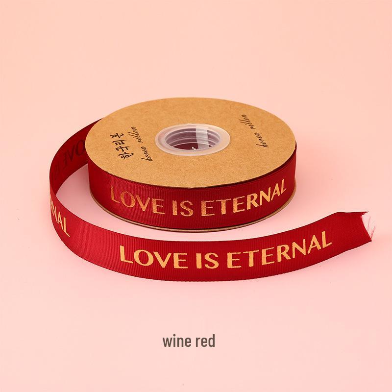 1CM Ribbed Silk Satin Ribbon with Hot Stamped English Letters for Cake Decoration and DIY Craft Gifts