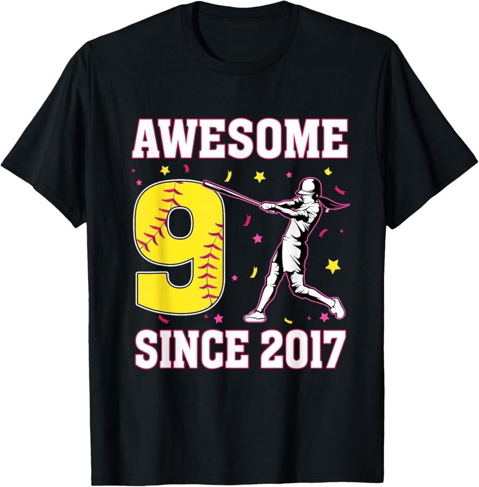 9th Birthday Girl 9 Awesome Since 2017 Softball Theme T‑Shirt S