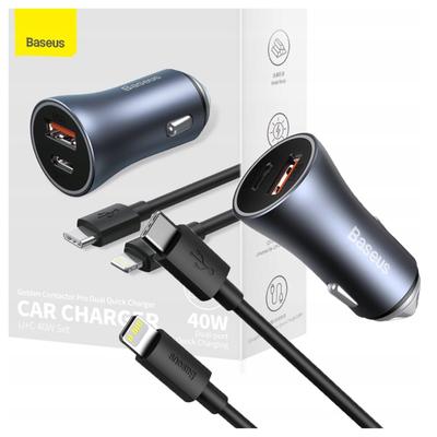 Kfz-Ladegerät Baseus Golden Contactor Pro, USB + USB-C, QC4.0+, PD, SCP, 40W (Grau) + USB-C auf IP-Kabel 1M (Schwarz)