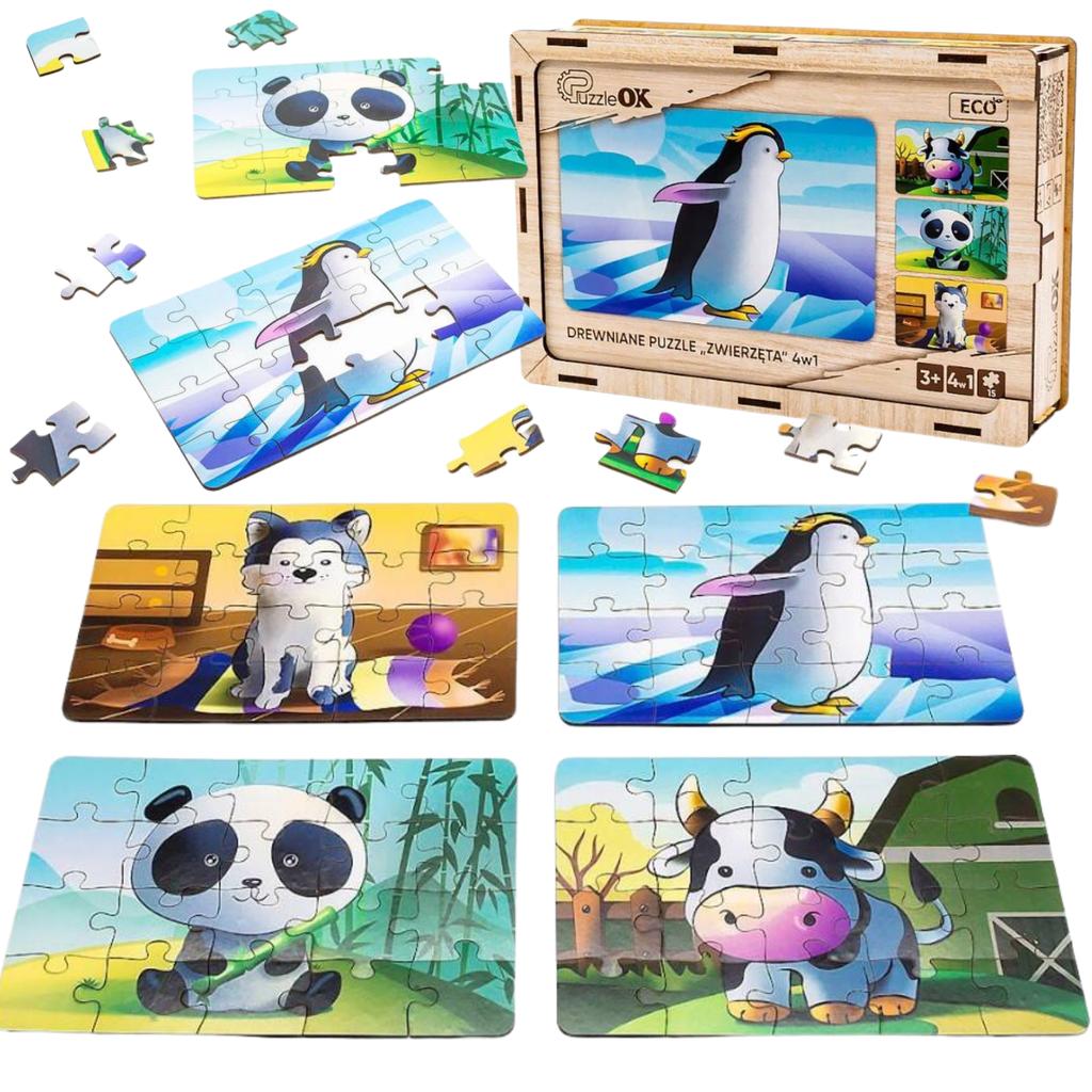 Drewniane Puzzle 4W1 Zwierzęta Układanka Zestaw Krówka Piesek Panda Pingwin Puz-10369