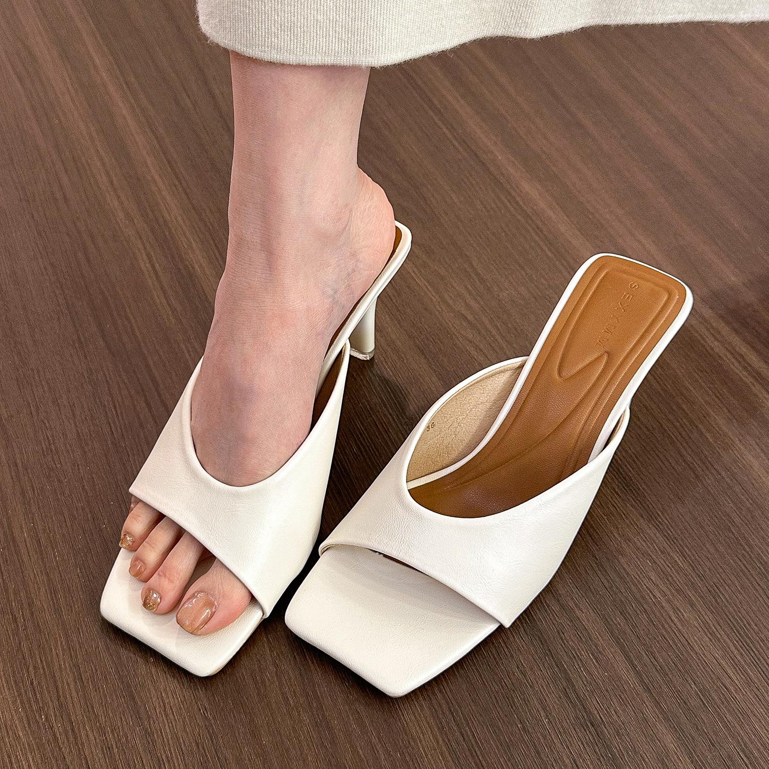 

French retro beige square head high-heeled cool slippers women s summer new thin-heeled cool slippers 35