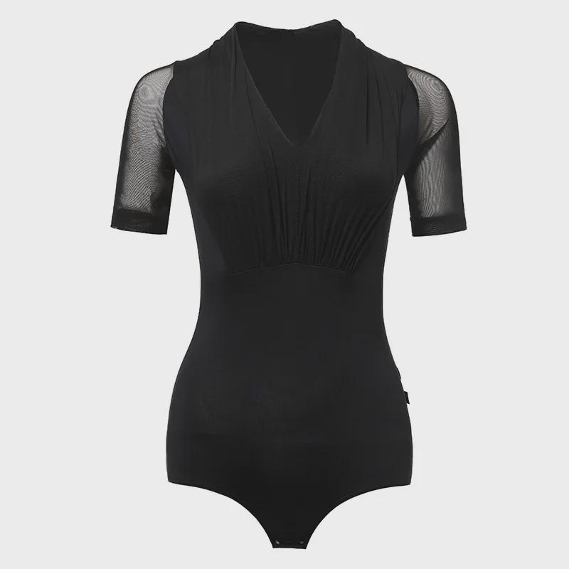 Letnie czerwone plisowane bluzki z siateczki z krótkim rękawem do treningu tańca towarzyskiego latino dla kobiet