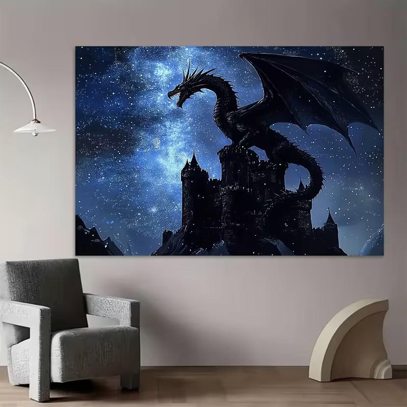 2D Schwarz-Drachenburg Wandteppich, Mittelalterliche Burg mit Drachen und Sternenhimmel