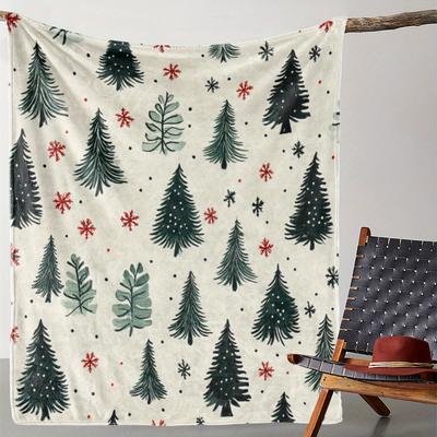 Vintage Christmas Tree and Snowflake Print Flannel Throw Blanket, Soft Cozy Warm Knitted Polyester Bedding for Sofa Bed Couch Ca