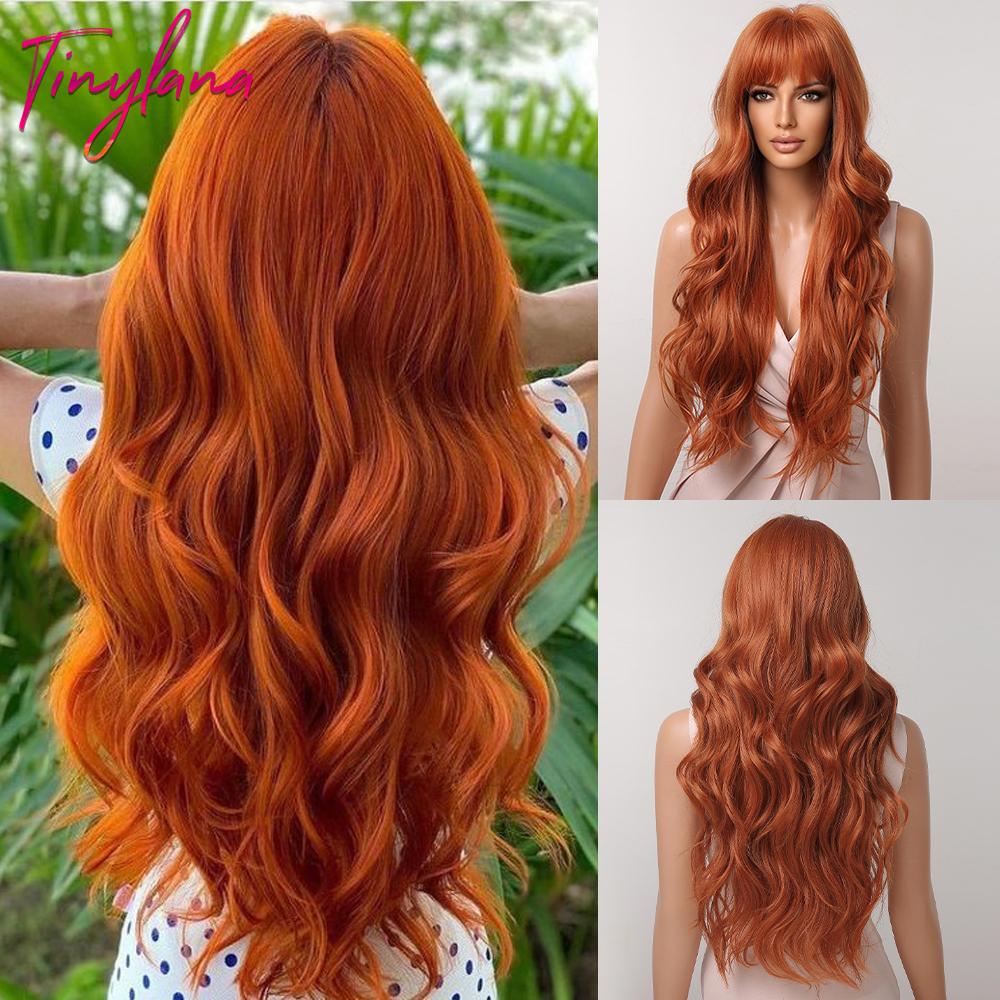 Orange Ginger Synthetic Wig Long Water Wavy Wigs For Women With Bangs Halloween Cosplay Party Daily Natural Heat Resistant Wig