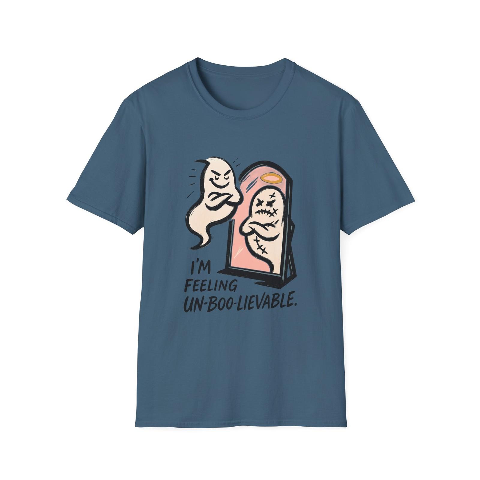 Unisex Softstyle T-Shirt Mens Womens Tees Top Smug Ghost Mirror Reflection Halo Halloween Humor Fall S