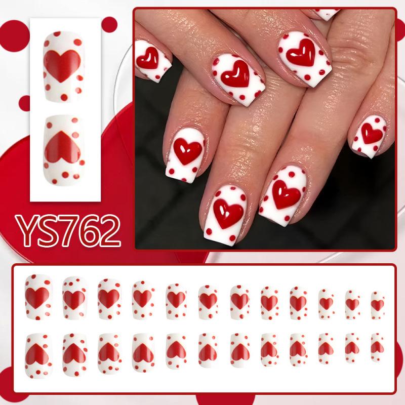 Valentine's Red Heart Glossy Medium Square Detachable False Nails Set (24 pcs) – Wearable Festival Nail Art