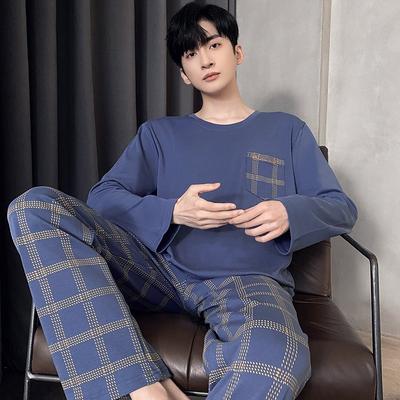 Baumwollpyjama Herren Gestreift Lange Ärmel Lässig Übergröße O-Ausschnitt Pullover Oberteil Karierte Hose 2-teiliges Set Hochwertige Nachtwäsche