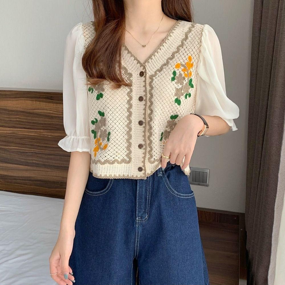 Flower Embroidery Chiffon Sleeve Shirts Button Front Short Top New Crochet Blouse  Women