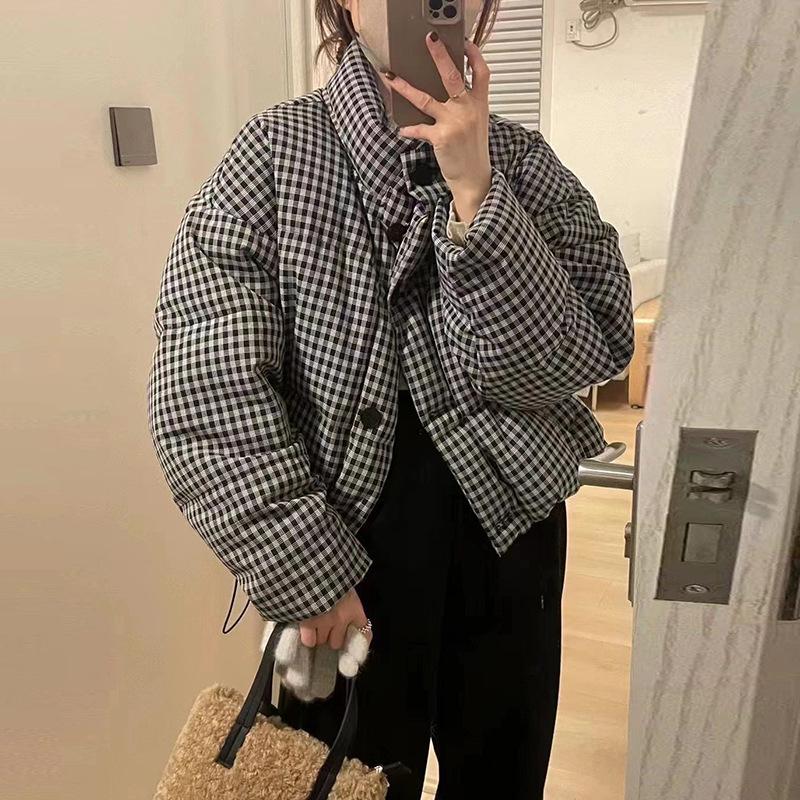

Black and white plaid white duck down jacket women s 2025 winter fashion stand-up collar loose warm thickened short bread jacket S