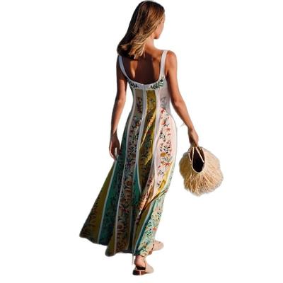 Women's Boho Print Dress Sleeveless Backless Halter High Waist A Line Vacation Beach Long Dress