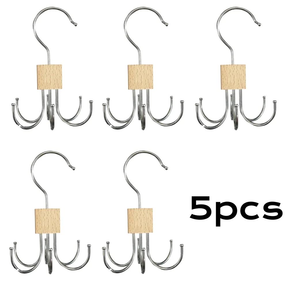 1/5pcs 360° Rotating Storage Hanger Hook Multi-Claw Bag Metal Belts Rack Wooden Organizer For Bras Ties Household Closet Acces