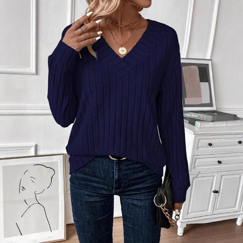 Autumn Winter Long Sleeved V-neck Knitted T-shirt Casual Solid Color Top Women's Clothing Shirt