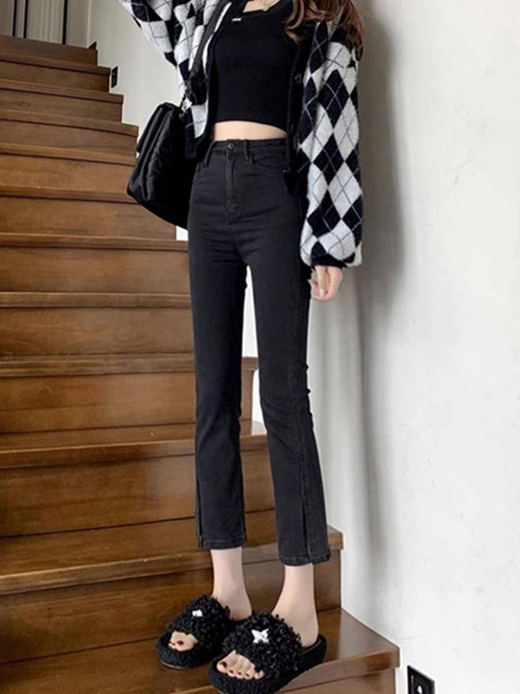2023 Summer High Waist Black Slit Straight-Leg Petite Jeans