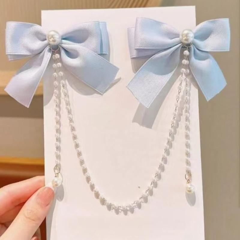 Bows Duckbill Clip Bobby Pins Princess Head Fringe Pearl BB Clip Hair Accessories Pearl Chain Double Edged Clip Bow HairClip