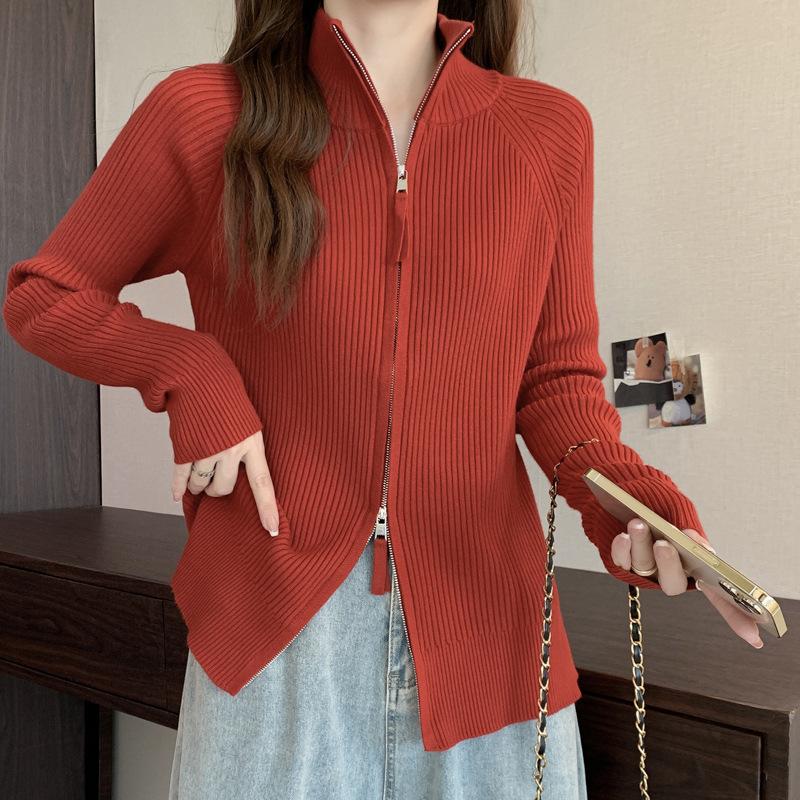 

Осенне-зимняя женская куртка-свитер с высоким воротником на двойной молнии, вязаный свитер с плечами One size оранжевый