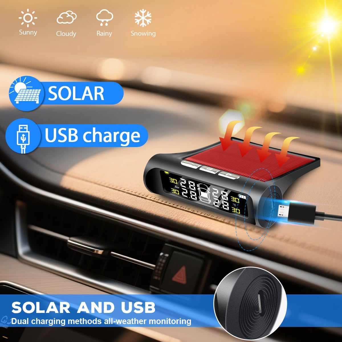 

Tire Pressure Monitoring System, Tire Pressure Monitor with Solar and USB Charge, TPMS with 4 Sensors & 6 Alarm Modes, Real Time Pressure and