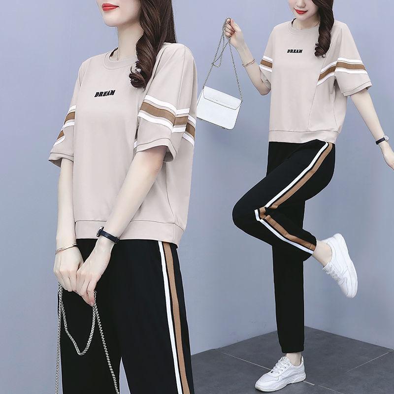 

Спортивный костюм, женский летний модный повседневный свободный костюм из двух частей с короткими рукавами XL абрикосовый