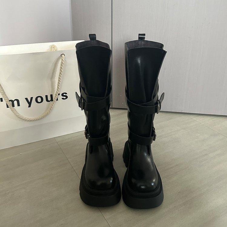 Neu, aber Kniestiefel Damen 2025 neu Herbst Temperament Explosion Retro vielseitige Gürtelschnalle Stiefel Damen