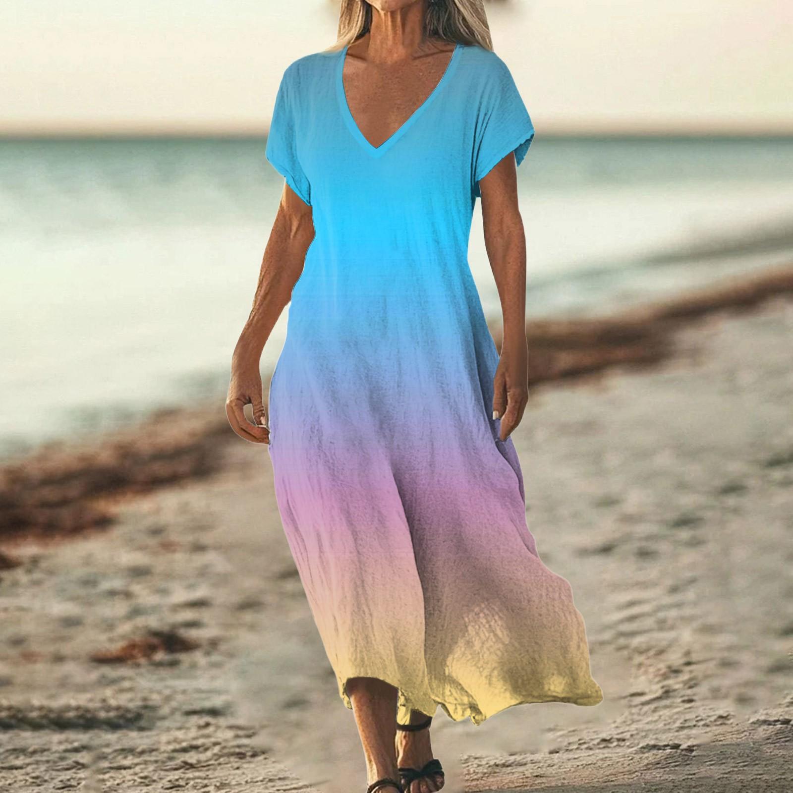 

Women s Summer V-Neck Short Sleeve Cotton Linen Gradient Printed Loose Beach Dresses XL небесно-голубой