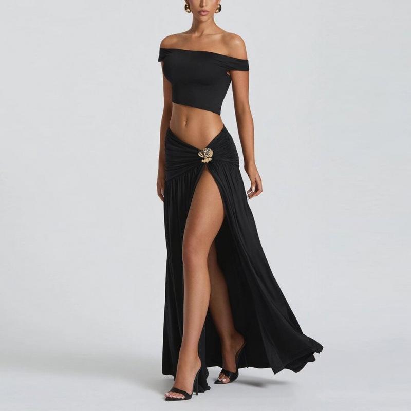 2025 Stylish European & American Women's One-Shoulder Crop Top and Slim-Fit Side Split Skirt Set