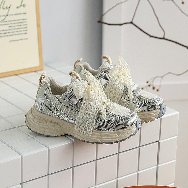 Korean version of girls' dad shoes lightweight platform pearl lace princess sneakers spring single shoes girls running shoes non-slip