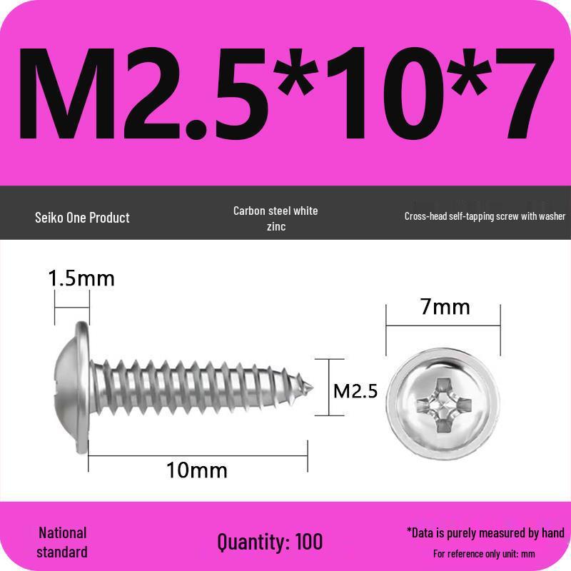 PWA Nickel-Plated Carbon Steel Self-Tapping Screws with Washer, White Zinc Cross Head, Pointed Tail, Sizes: 1.6/1.8/2/2.5