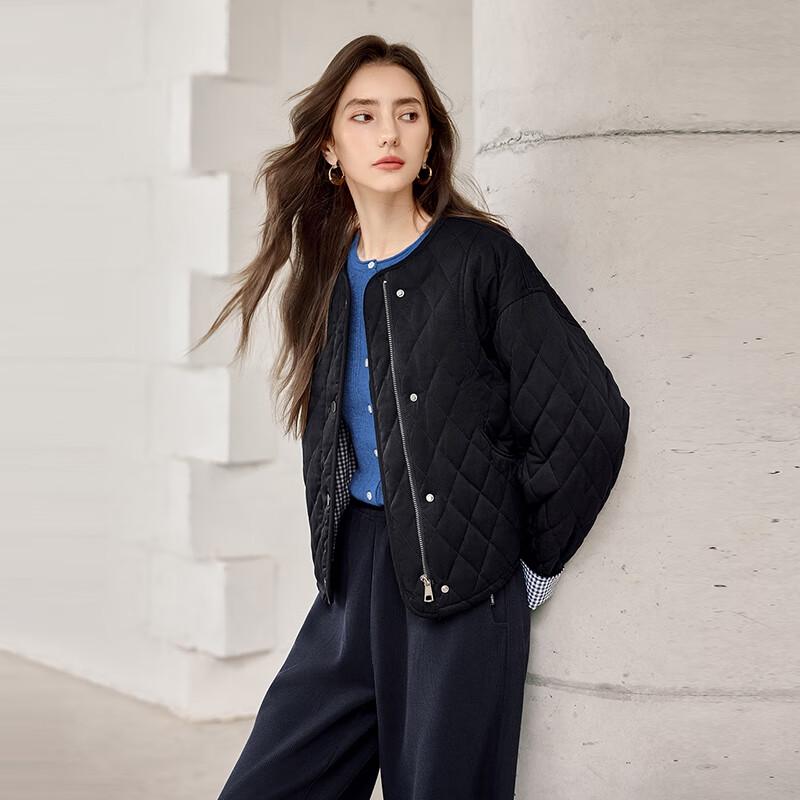 Ta Chi Women's Round Neck Plaid Patchwork Padded Jacket