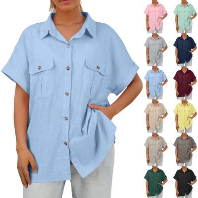 Women's Casual Double Pocket Slit Short Sleeved Cotton And Linen Shirt, Loose Short Sleeved Top