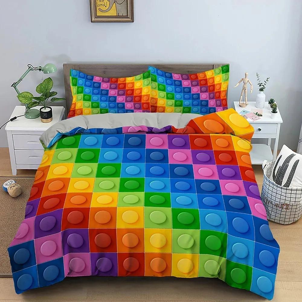 3D Building Block Pattern Duvet Cover Set Boys Girls Bedroom Fun Brick Printing Bedding Set Geometric Rectangle Comforter Cover