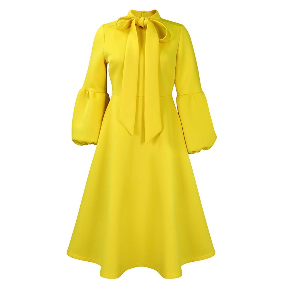 2024 Spring Fashion Lace Lantern Sleeve High Waist Bowknot Swing Dress