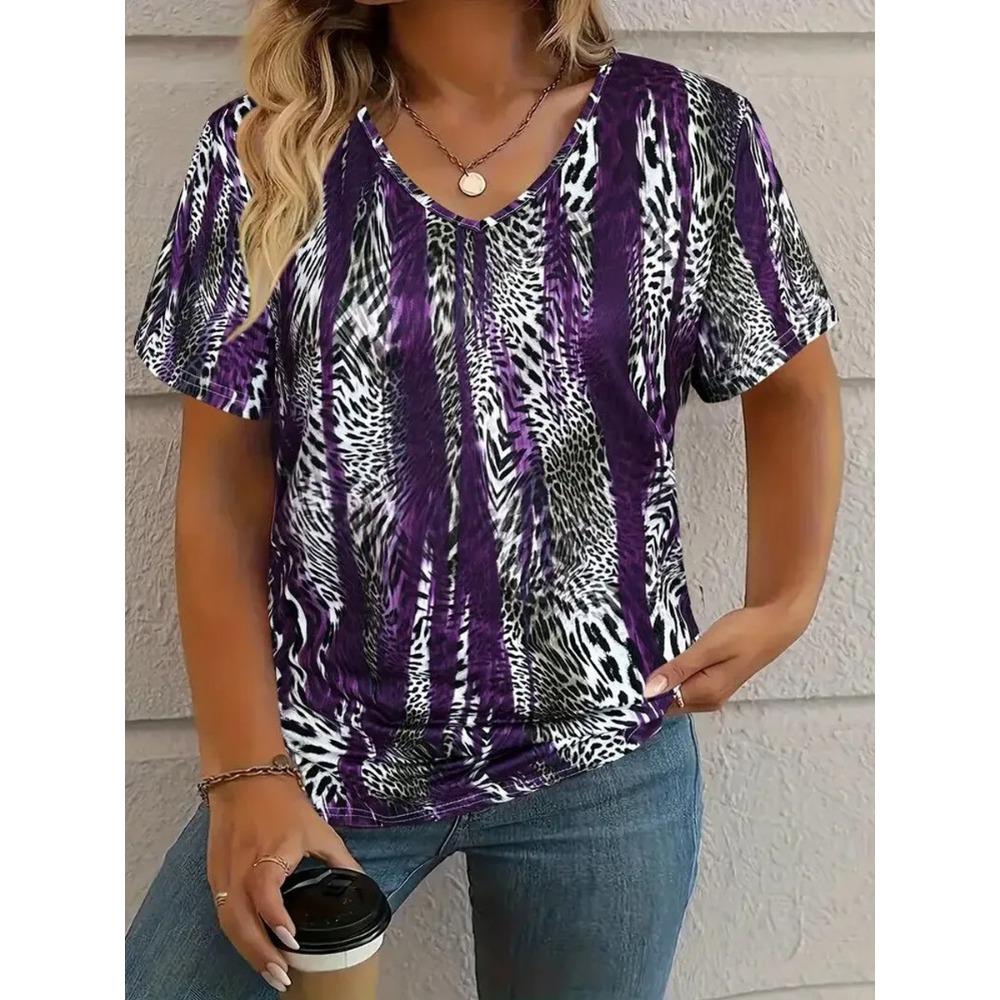 

Женская летняя повседневная элегантная футболка с V-образным вырезом, коротким рукавом и нерегулярным леопардовым принтом, свободная повседневная одежда XXXL