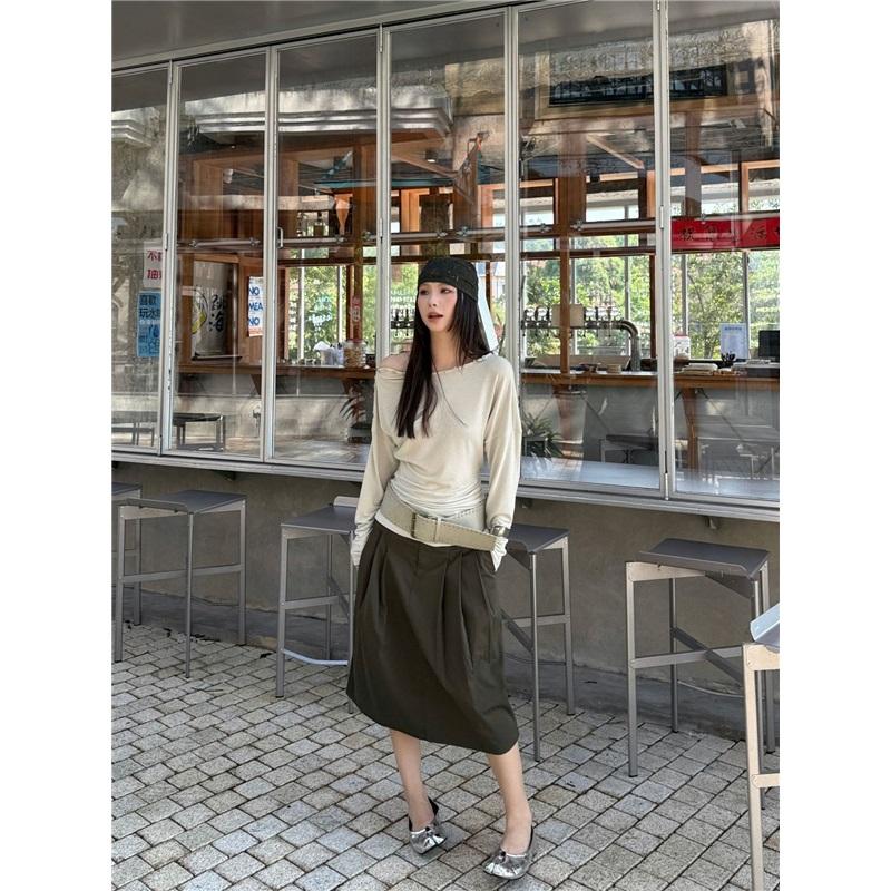 Fashionable Street Casual Shell Button Off-shoulder Long-sleeve High-stretch T-shirt