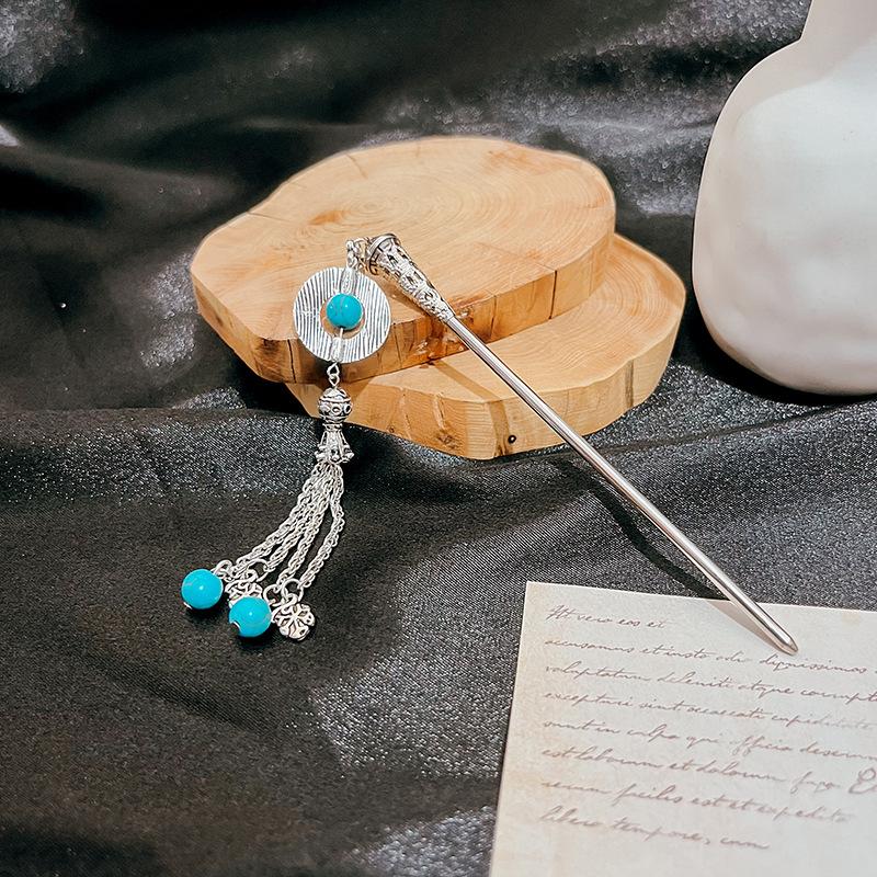 New Chinese Style National Tide Hairpin Minority Wind Hanfu Court Shaking Turquoise Hollow Flowers Tassel Hairpin