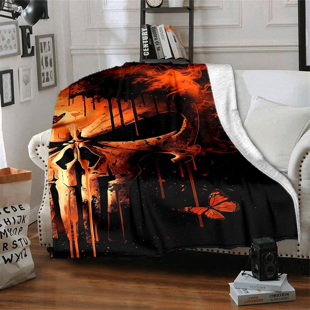 1pc Punisher Butterflies Skull Blanket, Lightweight Flannel Throw Blanket for Sofa, Bed, Travel, Camping, Living Room, Office, Couch016